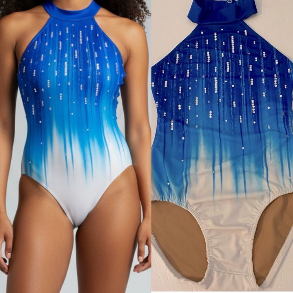 Glamorous solo dance costume leotard custom ombre blue  rhinestone LC child